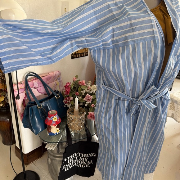 Men's Blue and White Striped Cotton Robe with Tie Belt Bill Blass - Picture 13 of 13